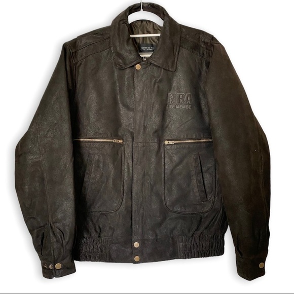 Burk's Bay NRA Life Member Leather Genuine Bomber Jacket Mens size L - Picture 2 of 13